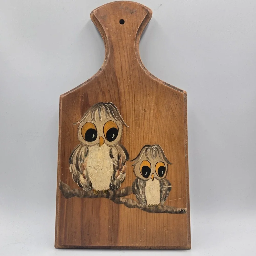 VTG 70's Hand Painted Owls Cutting Board Wooden Wall Decor Signed Grannycore MCM